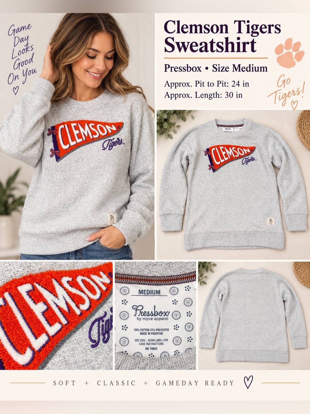 Clemson Tigers Pressbox Chenille Pennant Sweatshirt Gray Size Medium